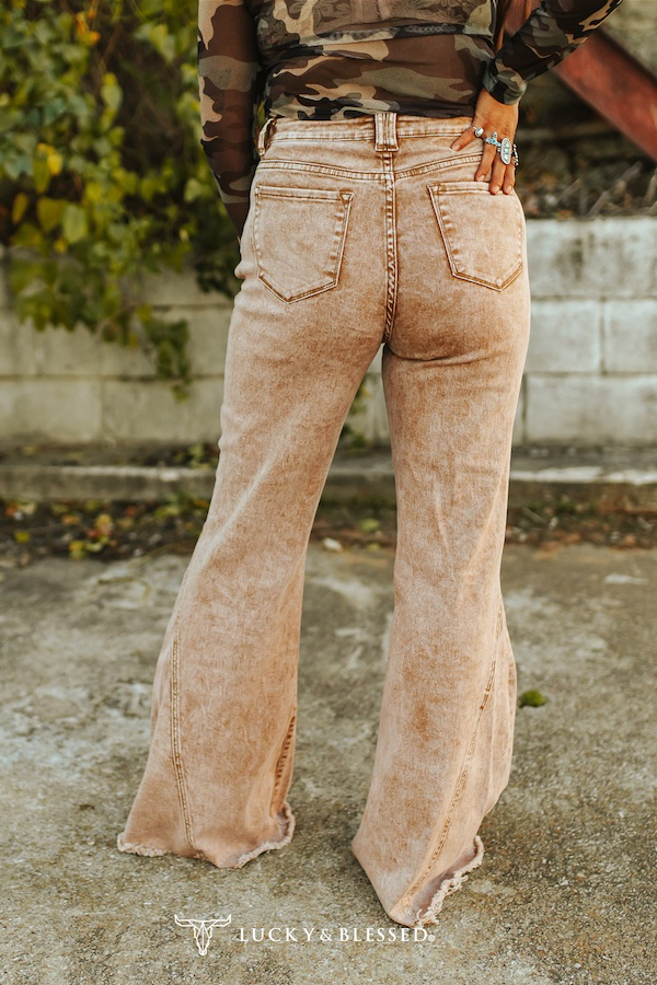 Camel Mineral Wash High Rise Distressed Flare Jeans (Tummy Control)