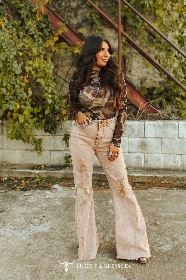 Camel Mineral Wash High Rise Distressed Flare Jeans (Tummy Control)