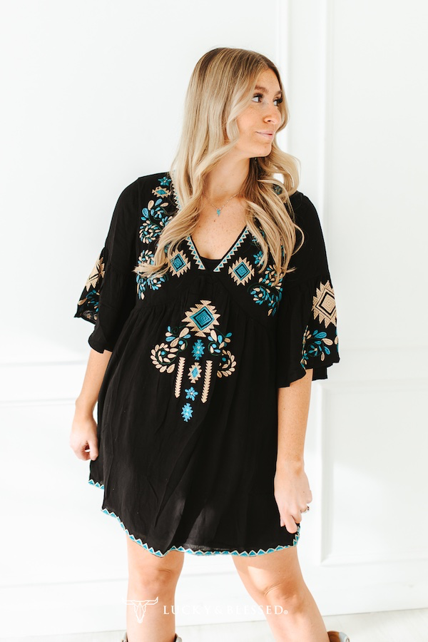 Black Turquoise Cream Aztec Embroidery Detail Dress
