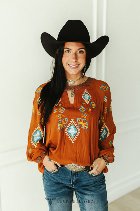 Mocha Aztec Embroidered Chiffon Keyhole Top