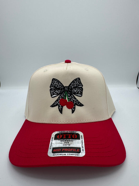 Leopard Bow With Cherries Embroidered Hat