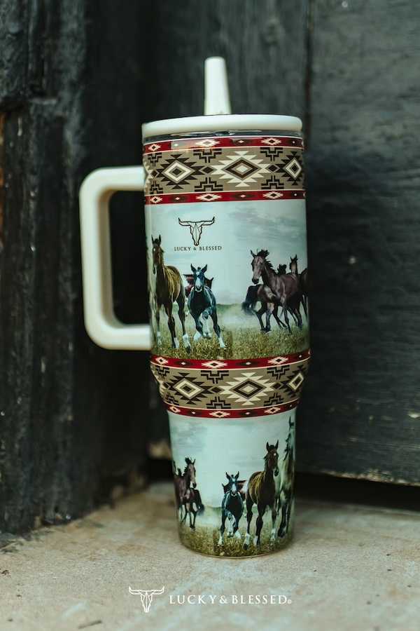 Aztec Running Horse Printed Flip Straw Tumbler With Lid Handle