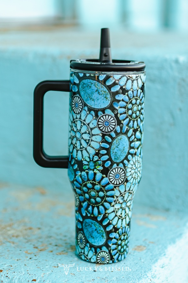Turquoise Stone Printed Flip Straw Tumbler W Lid Handle