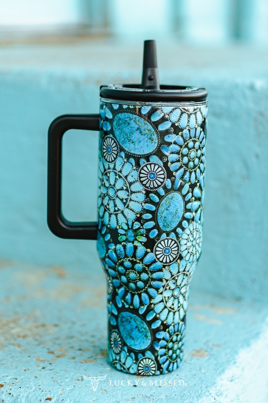 Turquoise Stone Printed Flip Straw Tumbler W Lid Handle