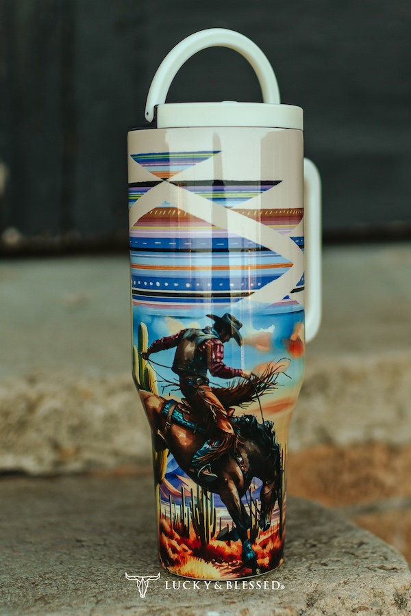 Western Horse Cowboy Printed Flip Straw Tumbler W Lid Handle