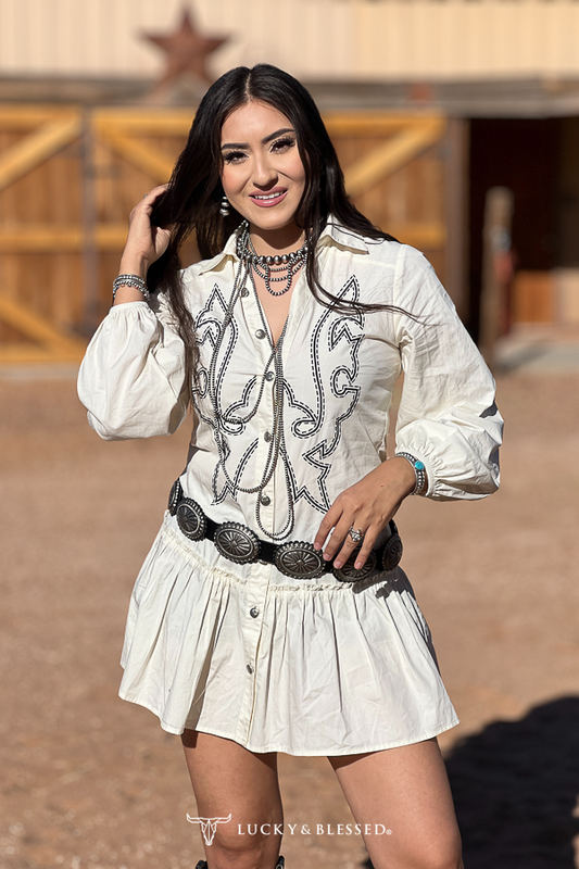 Ivory Concho Button Down Collared Tier Dress