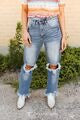 Mid Wash High Rise Knee Rip Frayed Hem Boyfriend Jeans (28.5in Inseam)