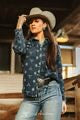 Vintage Mid Wash Cowskull Aztec Laser Printed Button Down Denim Shirt