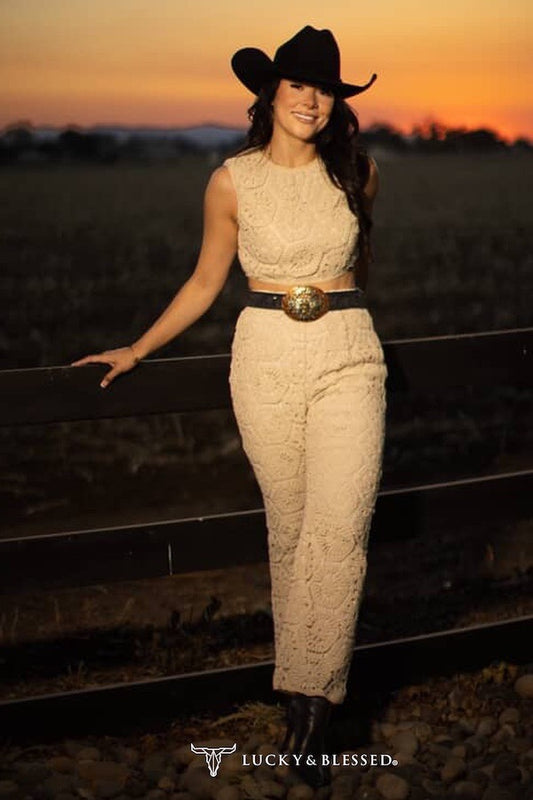 Ivory Lined Crochet Crop Top W Flare Pants Set