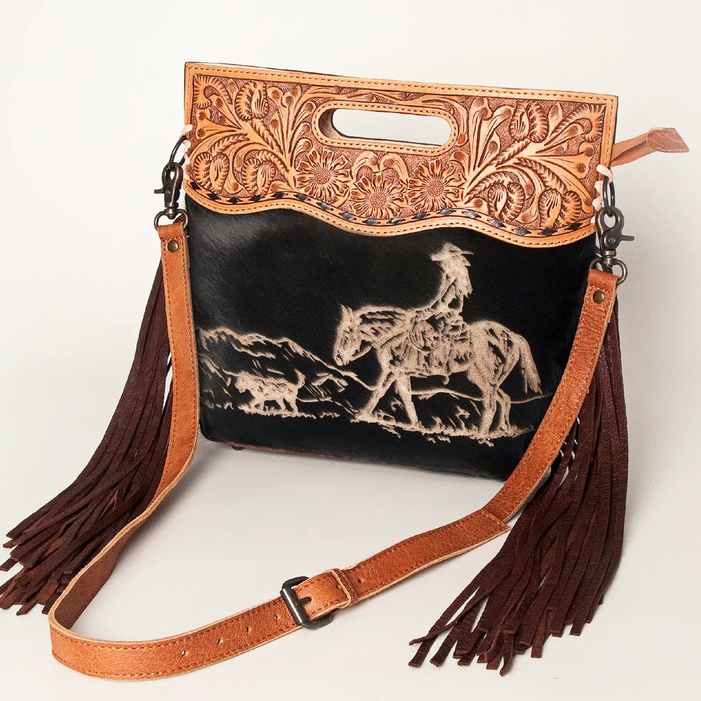 ADBGS146 Engraved Cowhide & Tooled Leather Shoulder Bag - Western Fringe Crossbody
