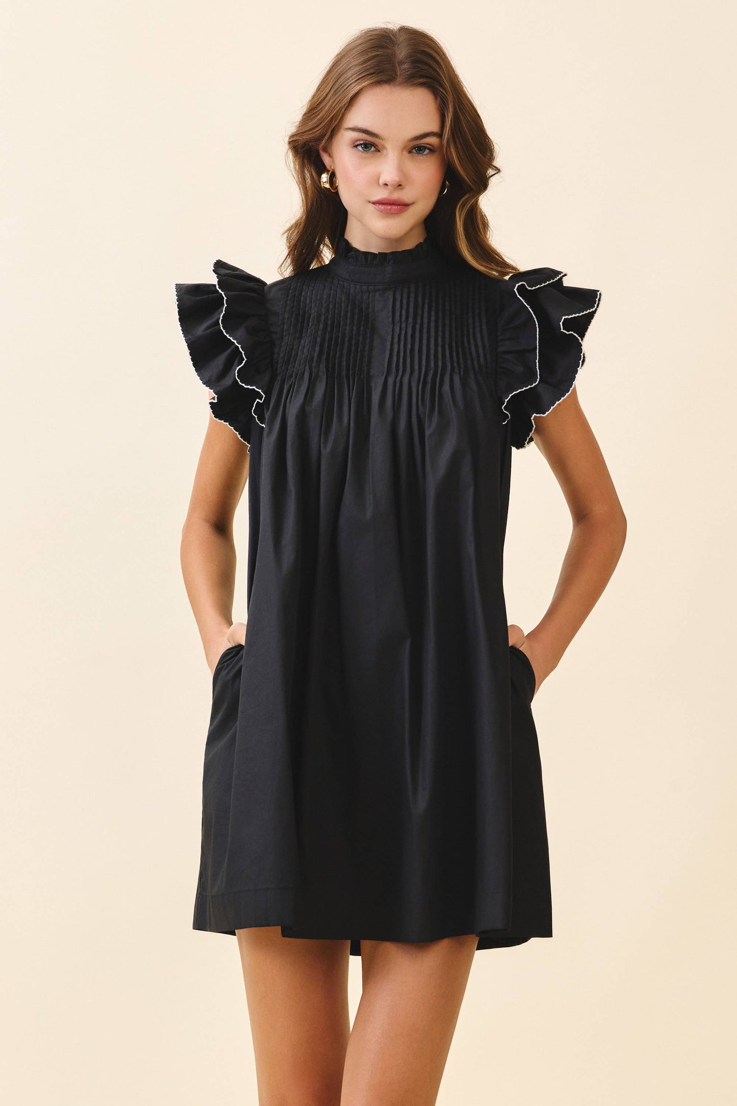 TCEC - CD06395-Back Button Down High Neck Babydoll Mini Dress