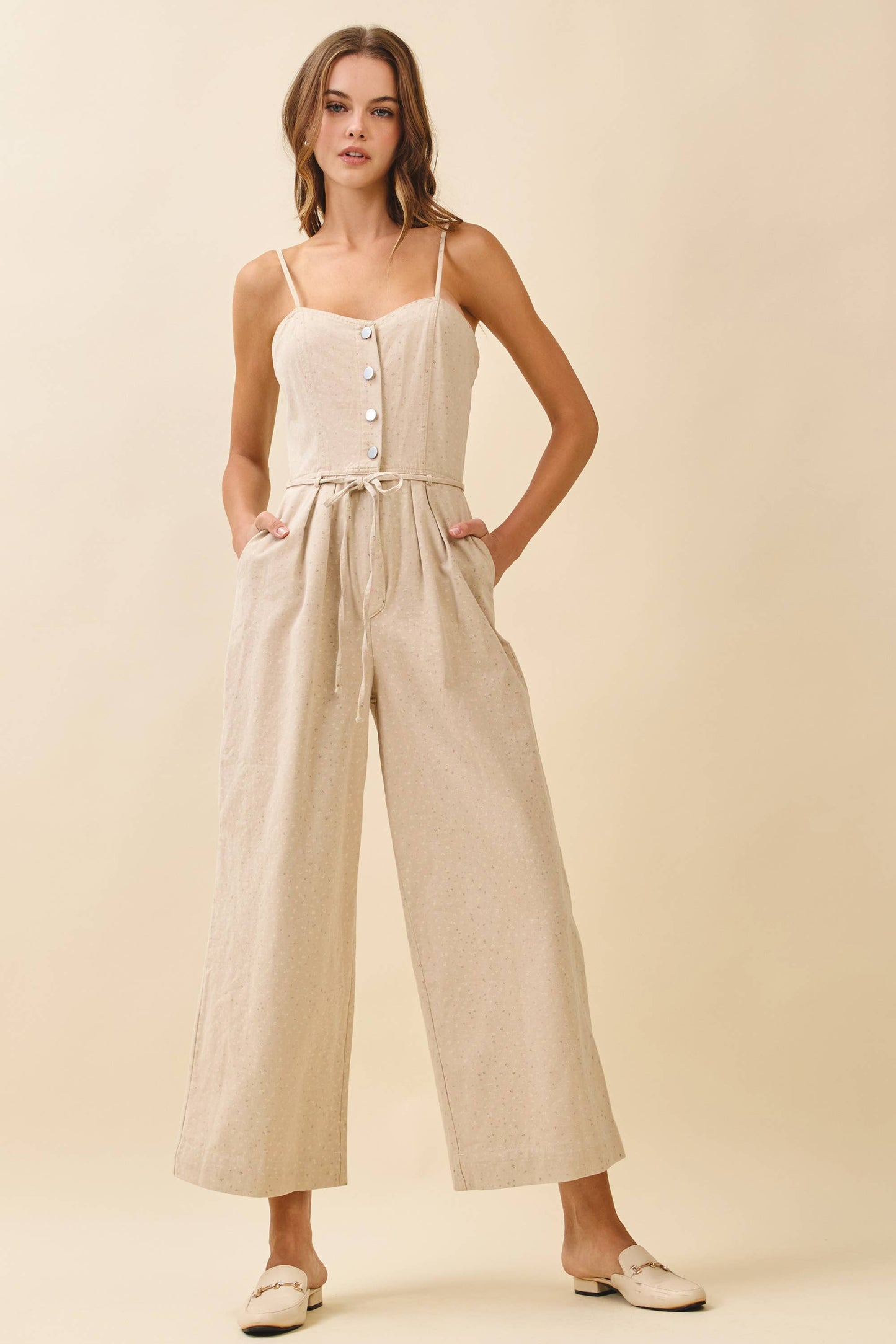 TCEC - CP10237-Micro Floral Print Wide Leg Sweetheart Jumpsuit