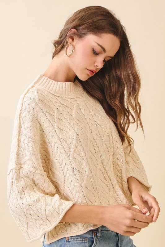 TCEC Chunky Ribbed Mock Neck Crop Cable Knit Sweater