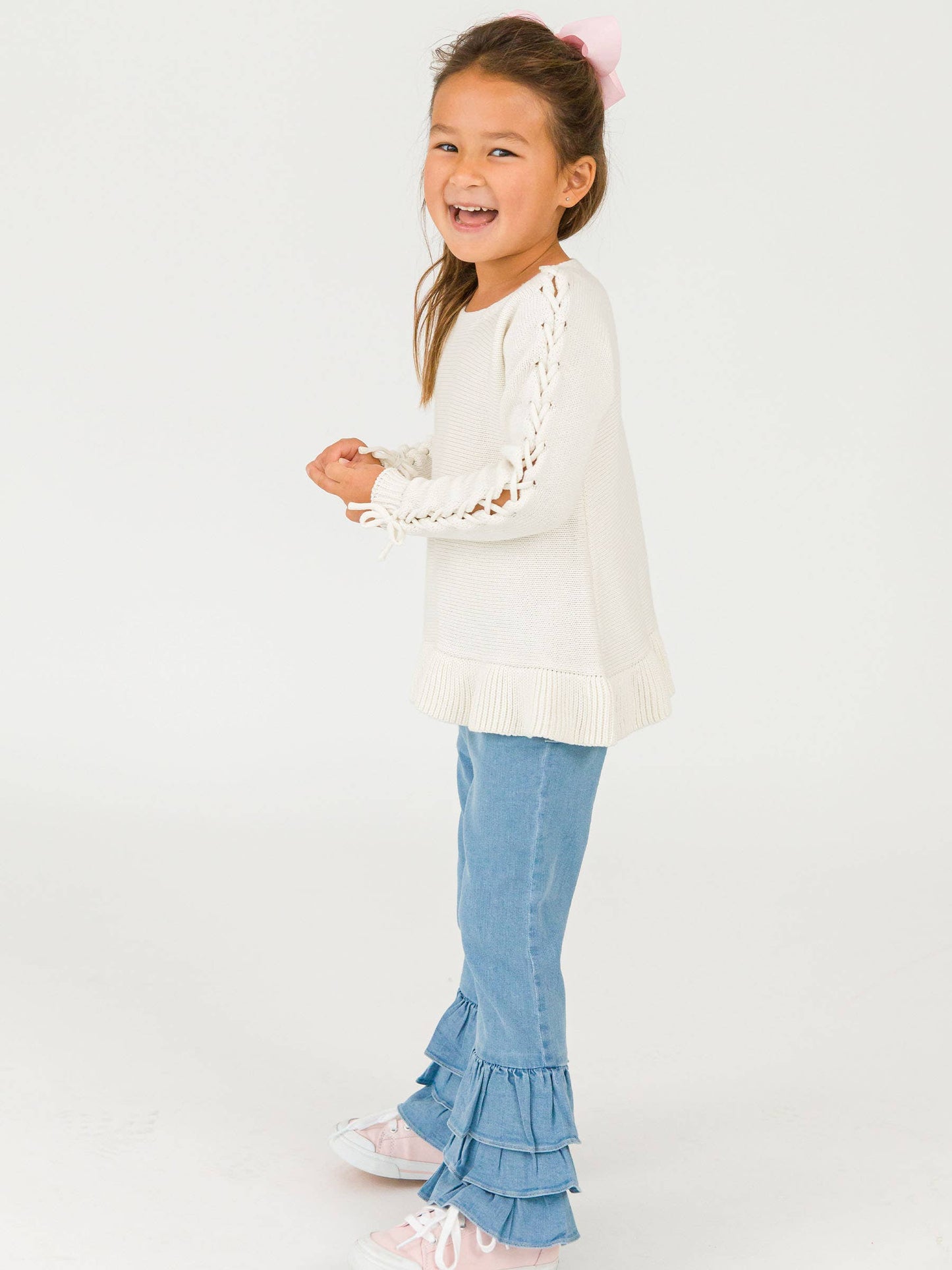 RuffleButts + RuggedButts - Toddler Girls Light Wash Denim Denim Ruffle Flare Pants with Signature Rear Ruffles