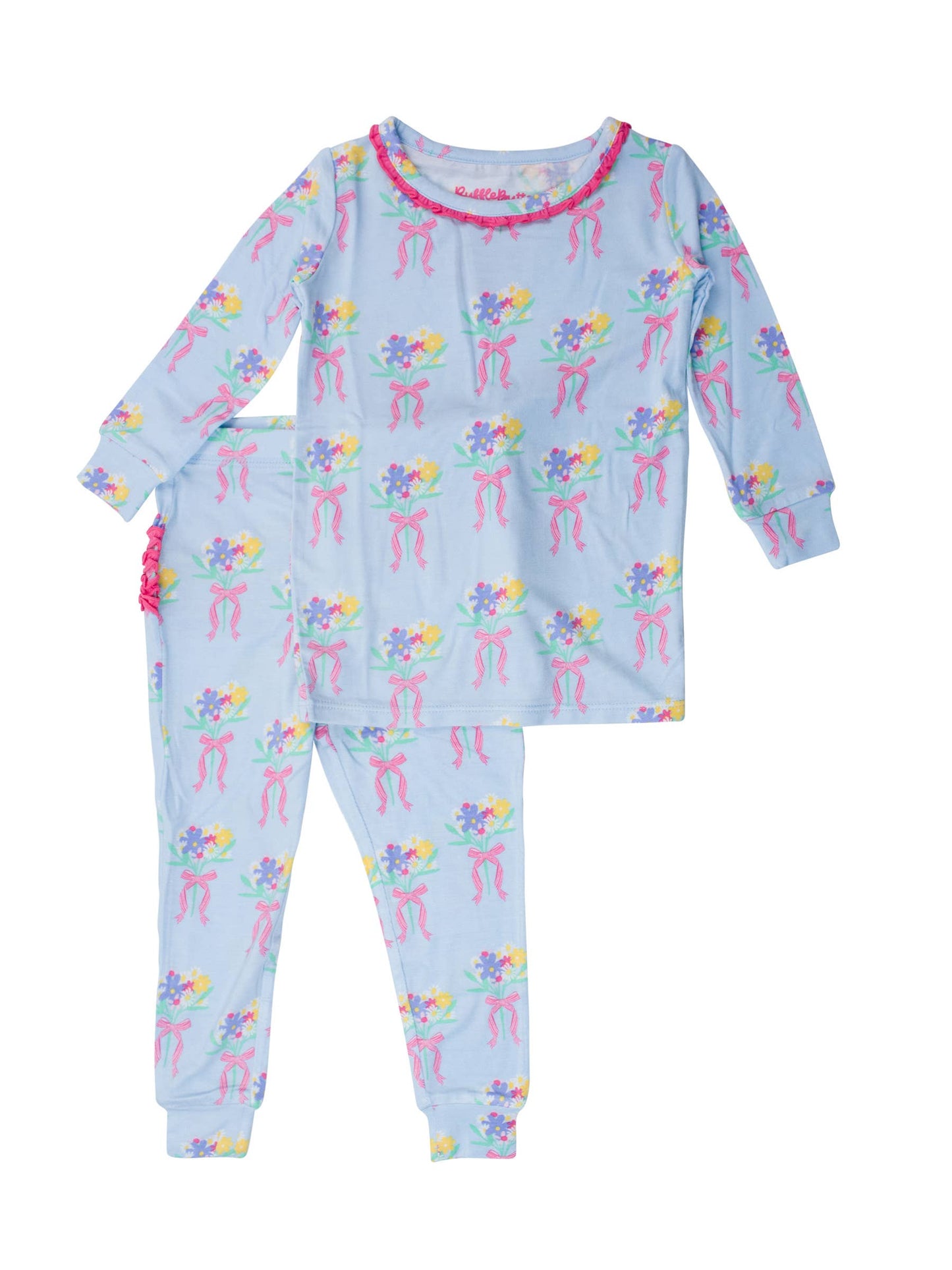 RuffleButts + RuggedButts - Toddler Girls Bows and Bouquets Bamboo Viscose Ruffle Long Sleeve Pajama Set