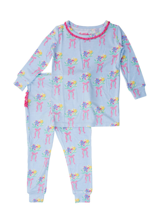 RuffleButts + RuggedButts - Toddler Girls Bows and Bouquets Bamboo Viscose Ruffle Long Sleeve Pajama Set