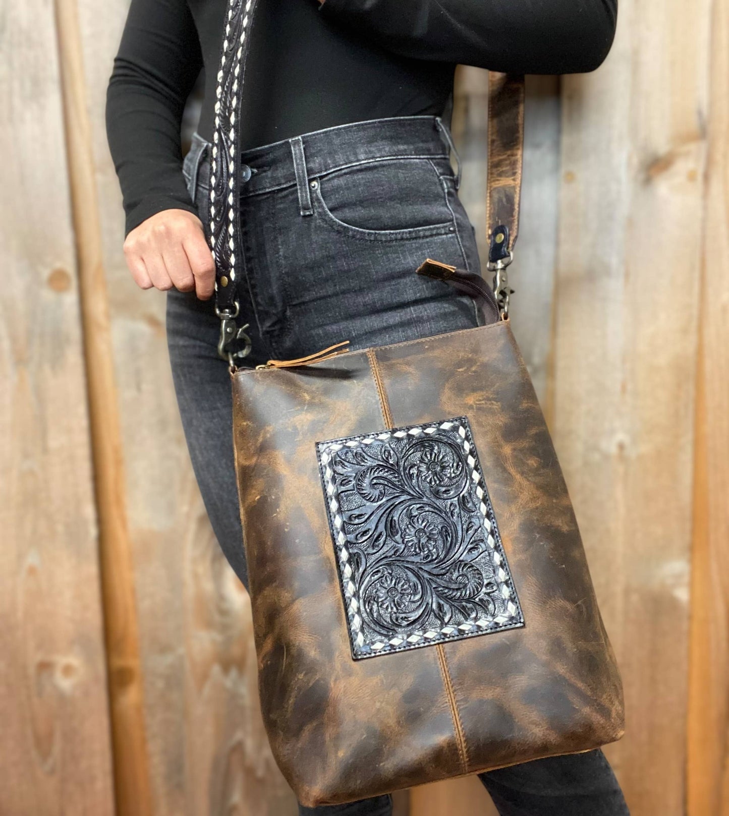 Western Linens - Brown Rustic Leather & Tooled Floral Crossbody