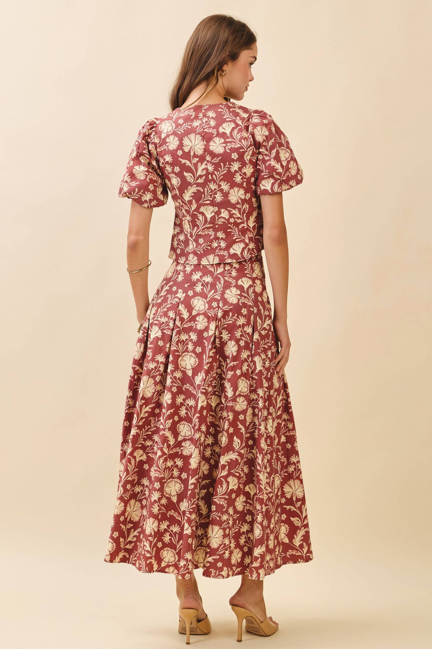 TCEC - CS3907-Floral Print Pleated Detail A Line Midi Skirt