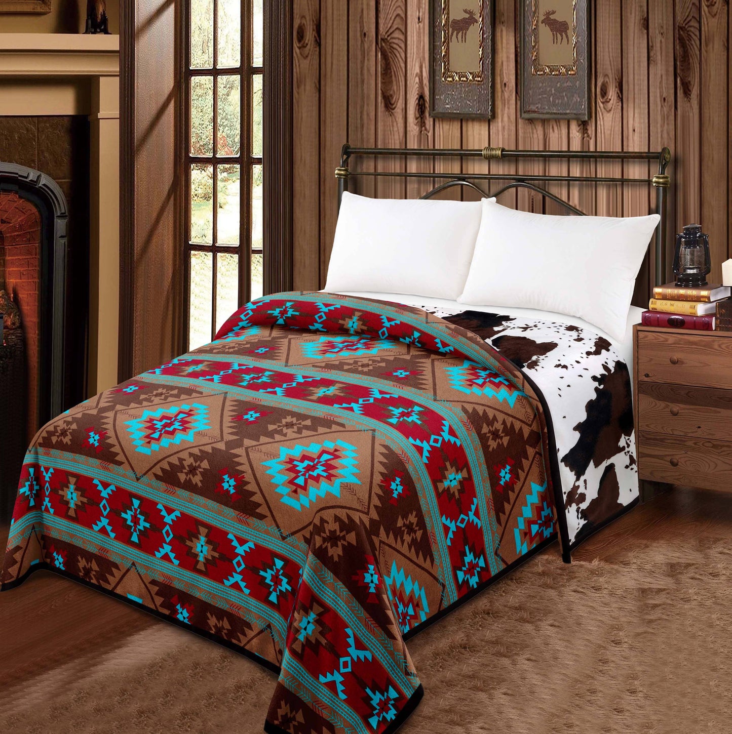 Western Linens - Brown Aztec - Cowprint Mia Reversible 2 Design Blanket