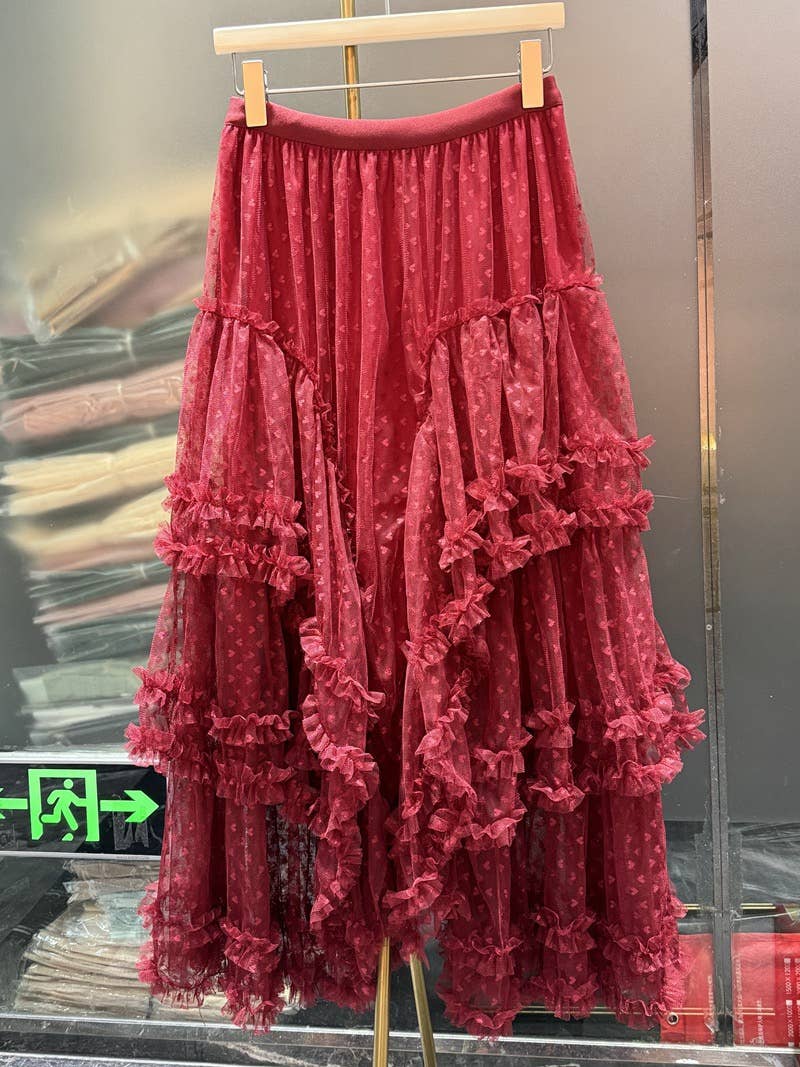 Miss Sparkling - Lace ruffle mesh maxi skirt