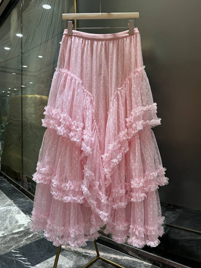 Miss Sparkling - Lace ruffle mesh maxi skirt