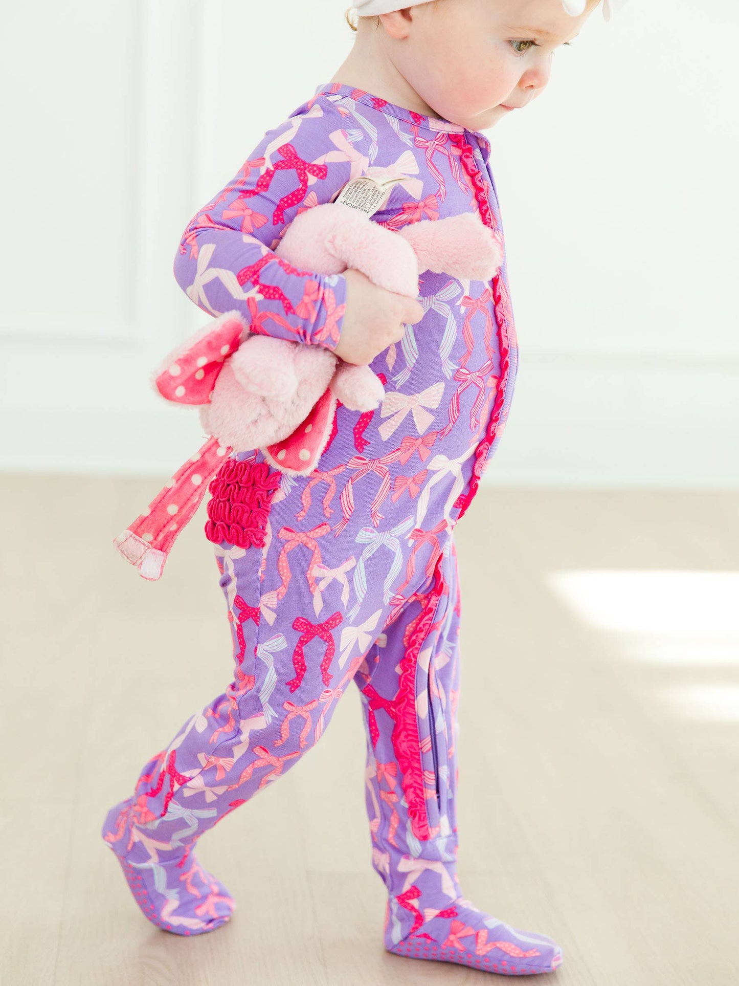 RuffleButts + RuggedButts - Baby Girls Rosy Ribbons Bamboo Viscose Footed Ruffle One Piece Pajama