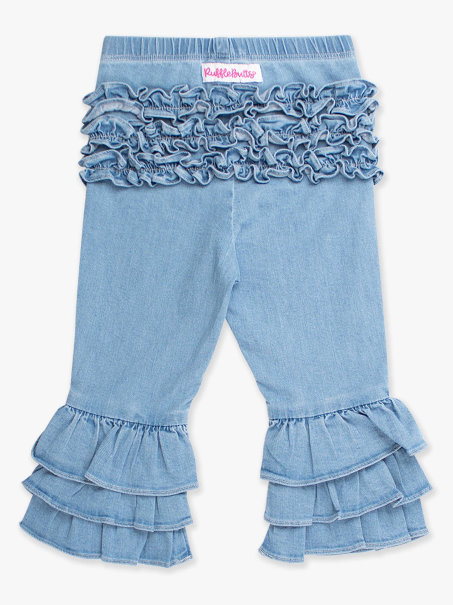RuffleButts + RuggedButts - Toddler Girls Light Wash Denim Denim Ruffle Flare Pants with Signature Rear Ruffles