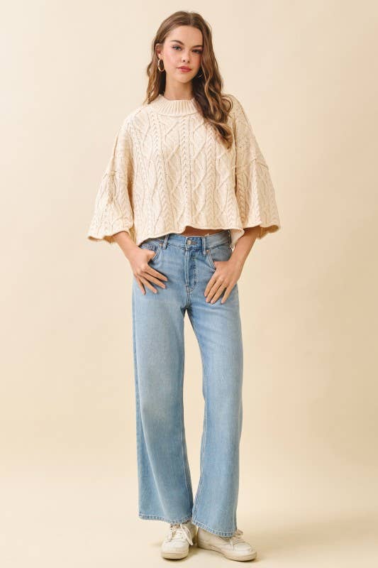 TCEC Chunky Ribbed Mock Neck Crop Cable Knit Sweater