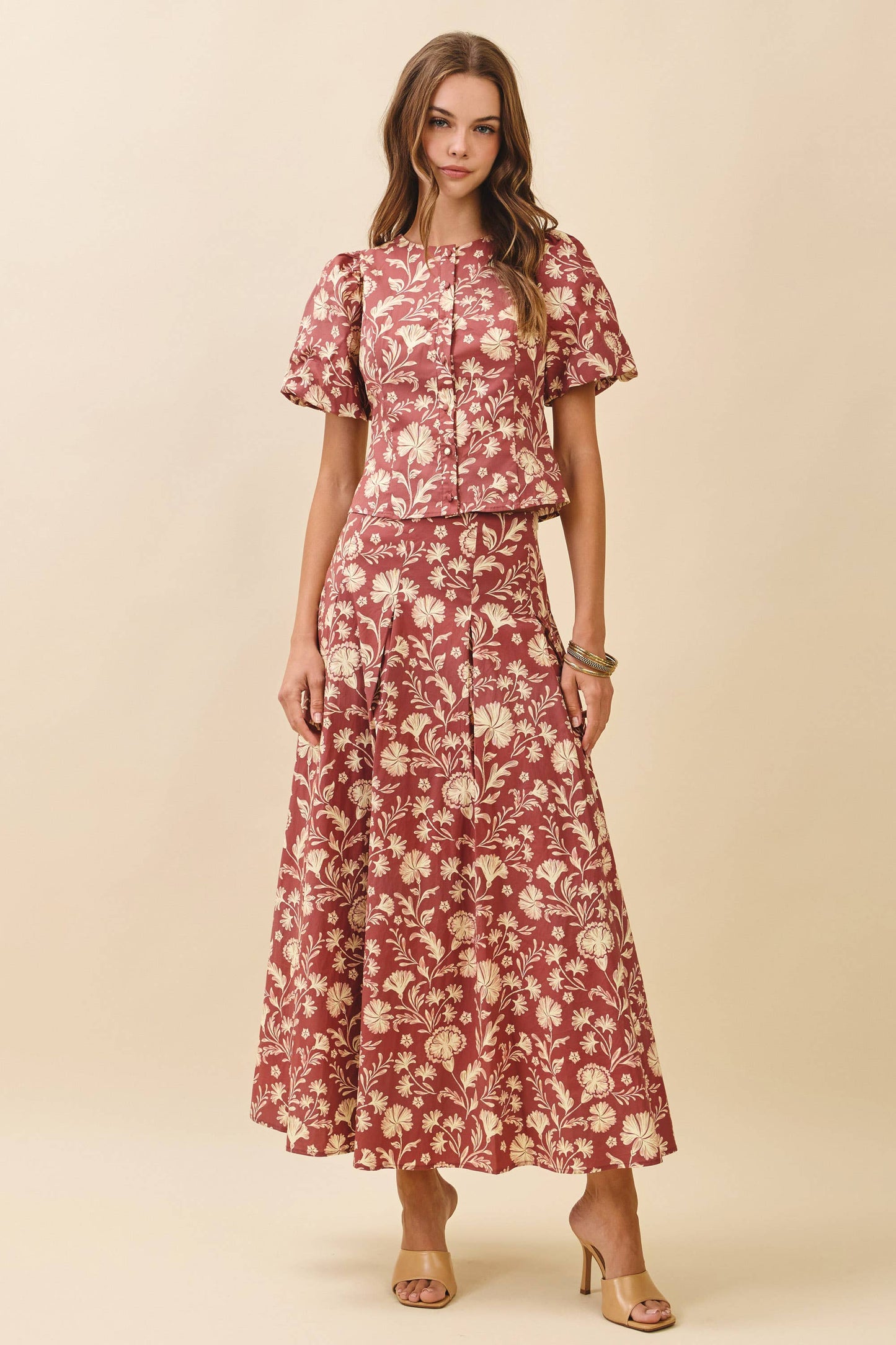 TCEC - CS3907-Floral Print Pleated Detail A Line Midi Skirt