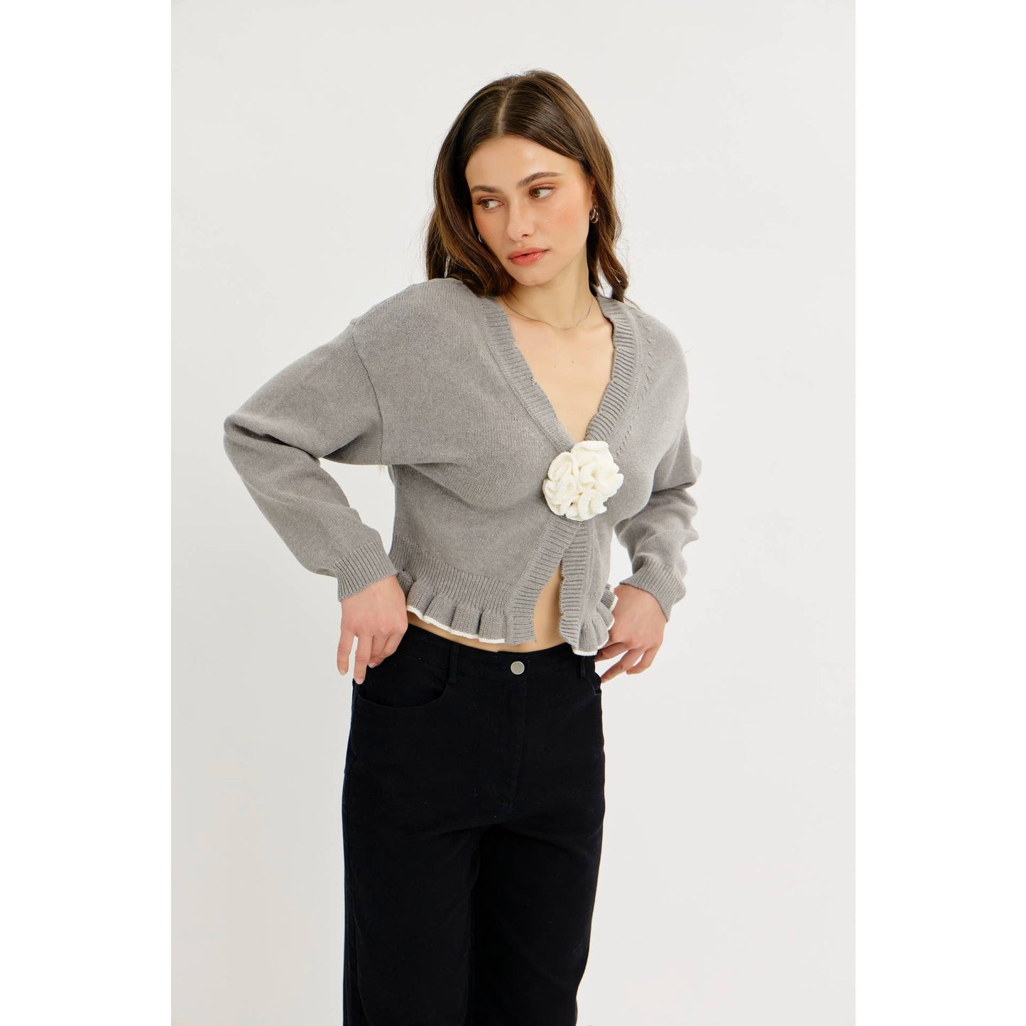 idem ditto - STATEMENT ROSETTE SNAP CARDIGAN WITH RUFFLED HEM