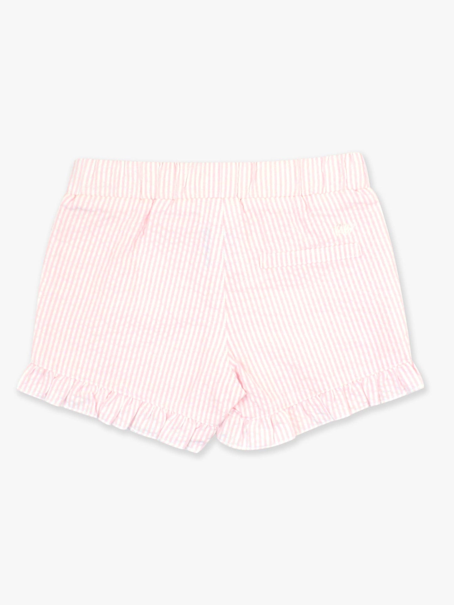 RuffleButts + RuggedButts - Toddler Girls Pink Seersucker Ruffle Trim Woven Shorts