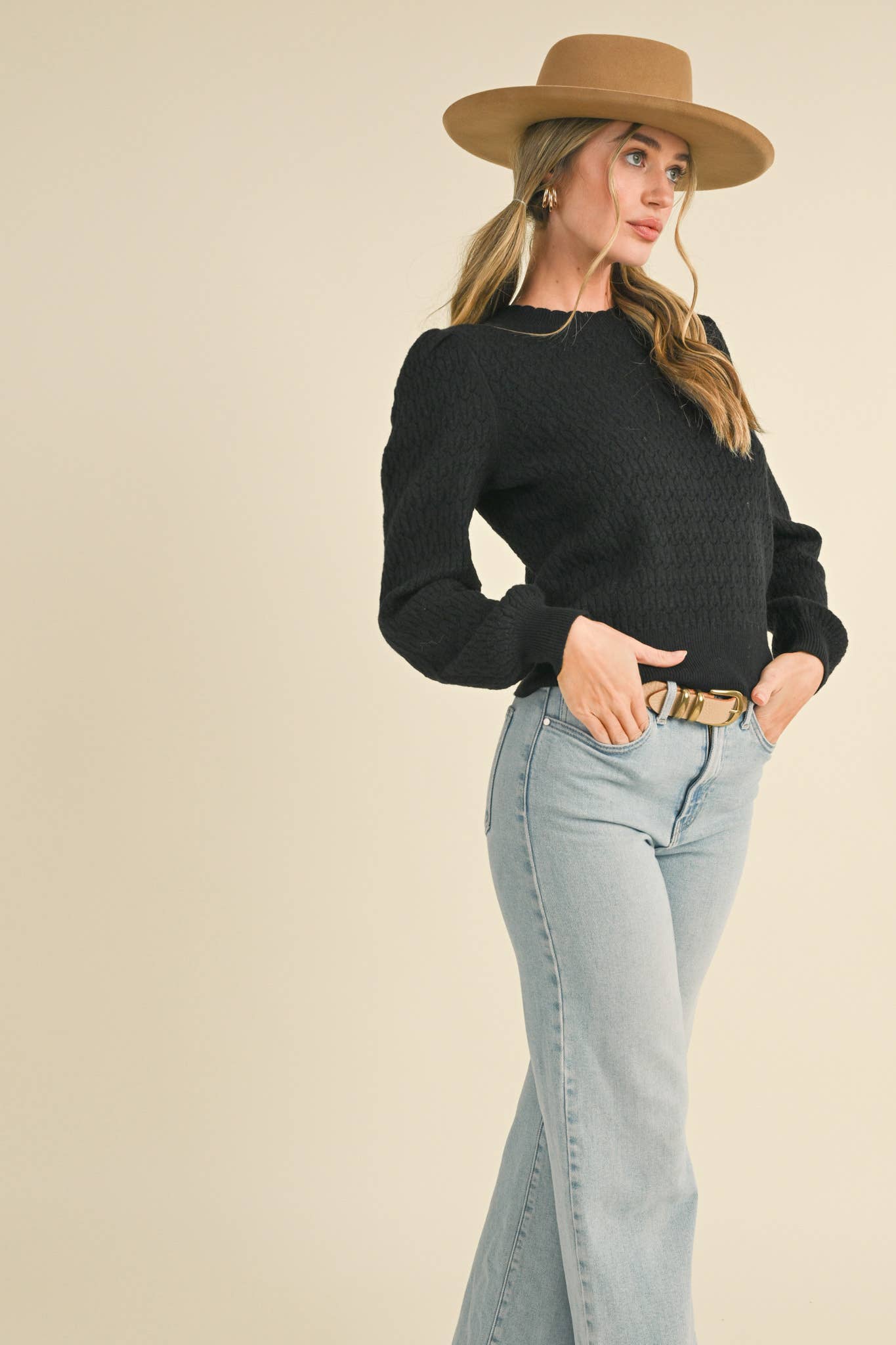 &MERCI - PUFF SLEEVE POINTELLE SWEATER MSW10553