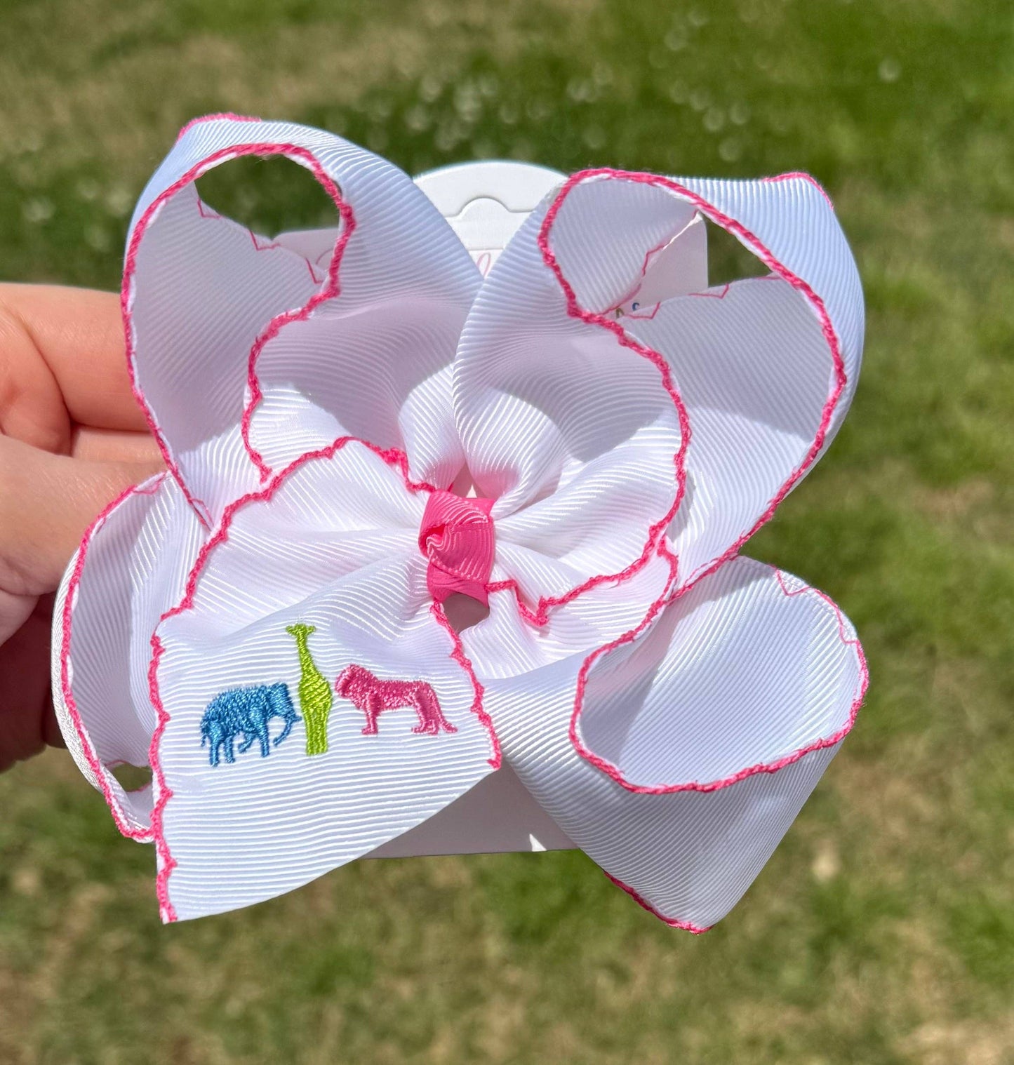 Just For Fun Threads - Colorful Zoo Animals Embroidered Bow