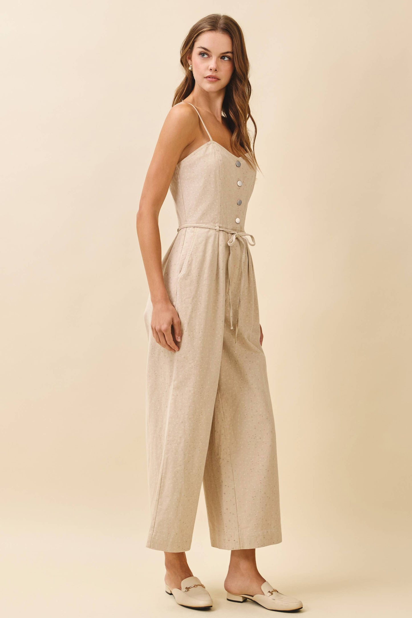 TCEC - CP10237-Micro Floral Print Wide Leg Sweetheart Jumpsuit