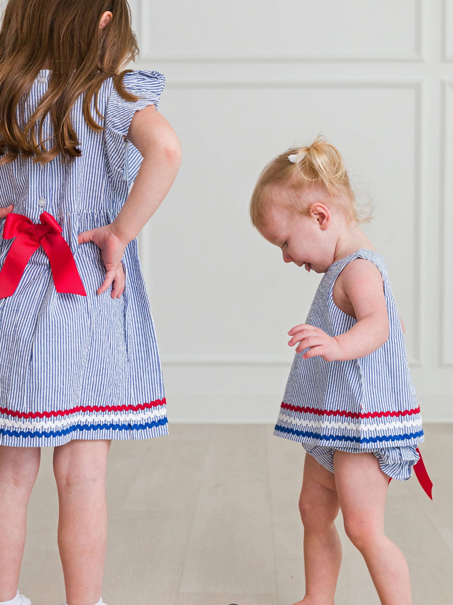 RuffleButts + RuggedButts - Baby Girls Classic Blue Americana Seersucker Ric Rac Swing Top & Bloomer Set