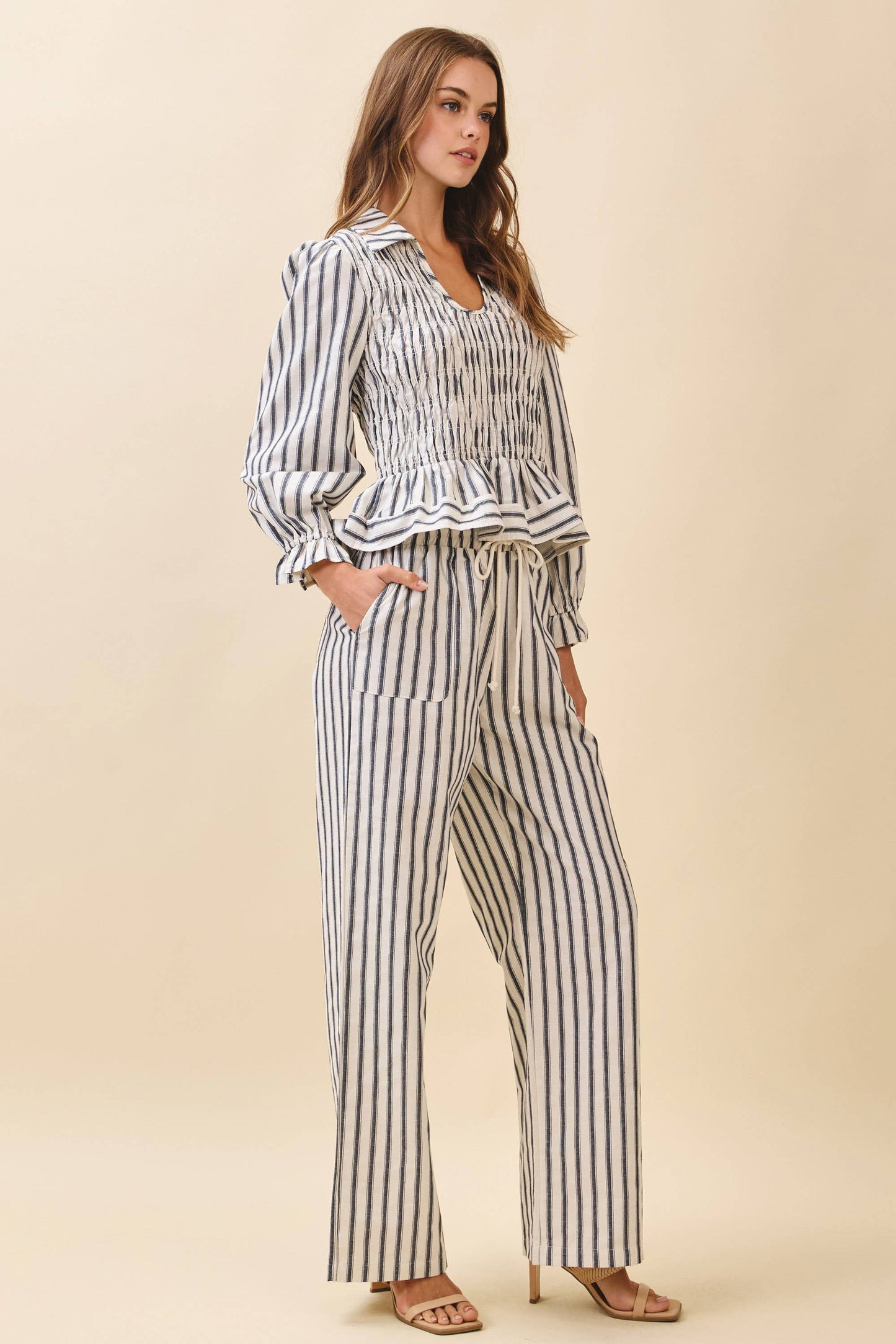 TCEC Vertical Stripes Drawstring Waist Wide Leg Pants