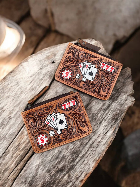 Western Linens - Tooled Leather Cards & Cowhide Coin Pouch