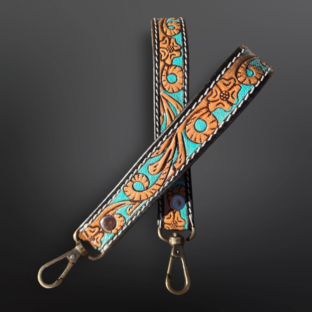 Equipage - Tooled Leather Western Wrist Strap Keychain - Turquoise Pain