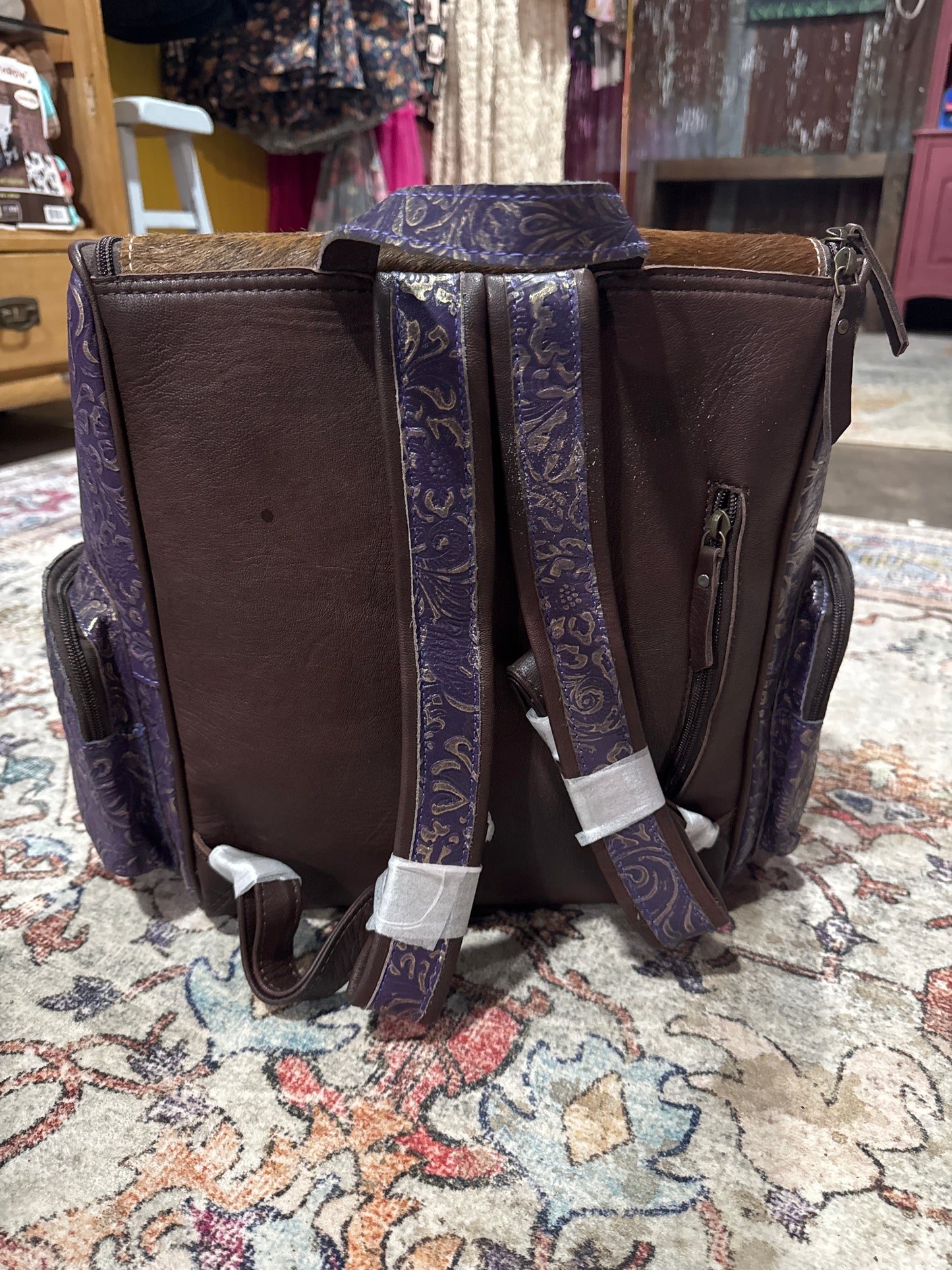 Purple Gold Floral Embossed Leather Backpack