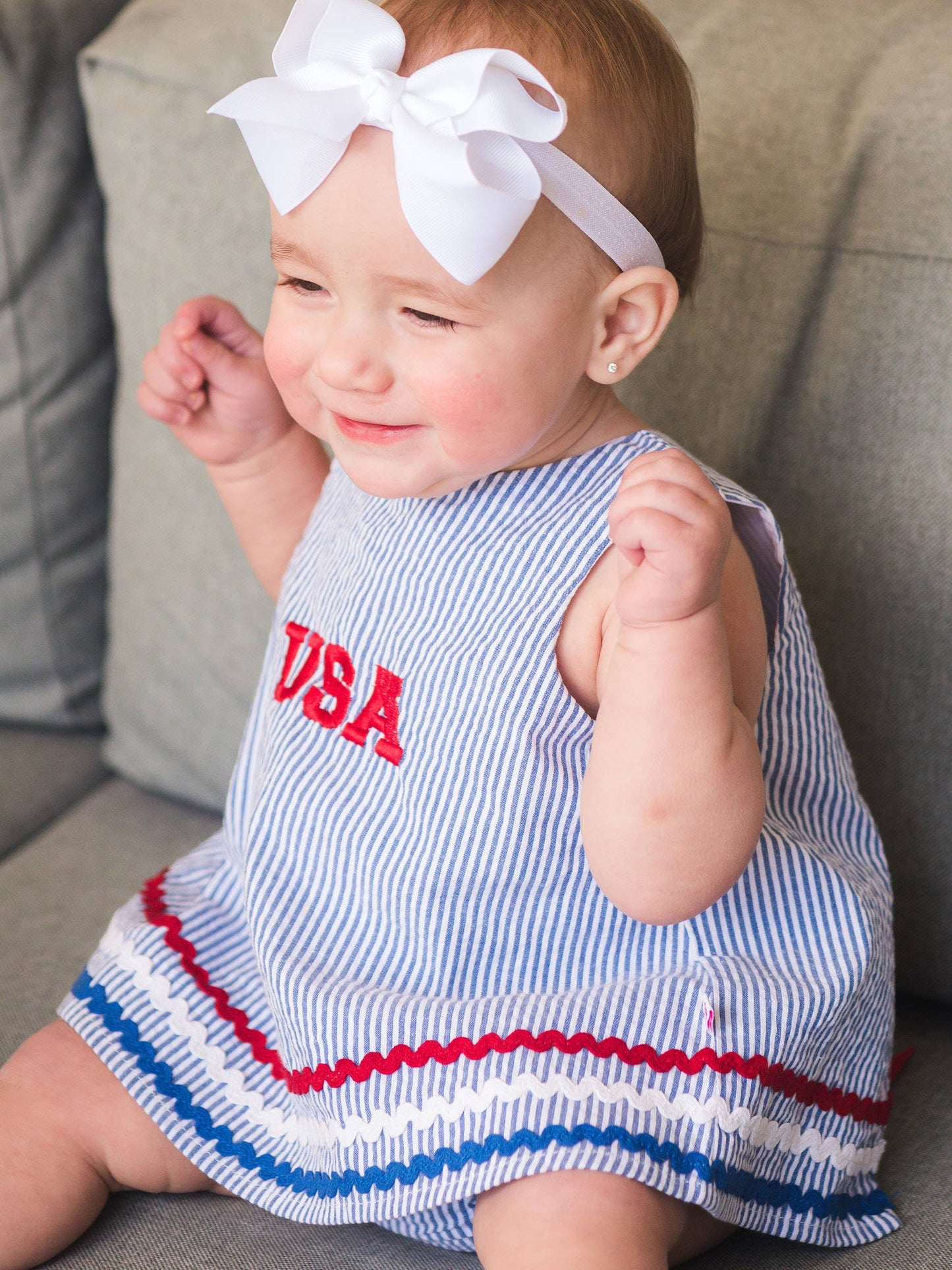 RuffleButts + RuggedButts - Baby Girls Classic Blue Americana Seersucker Ric Rac Swing Top & Bloomer Set