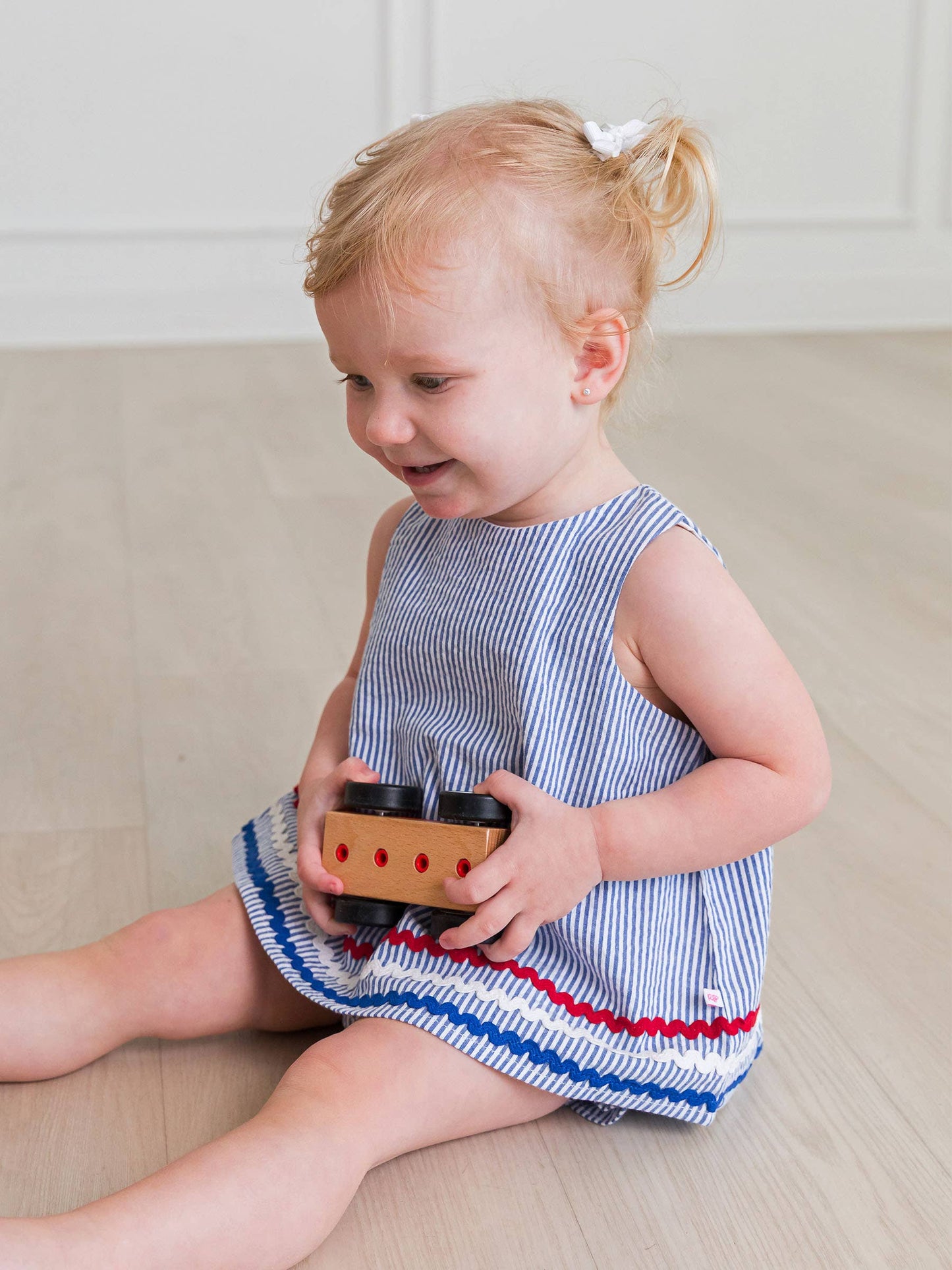 RuffleButts + RuggedButts - Baby Girls Classic Blue Americana Seersucker Ric Rac Swing Top & Bloomer Set