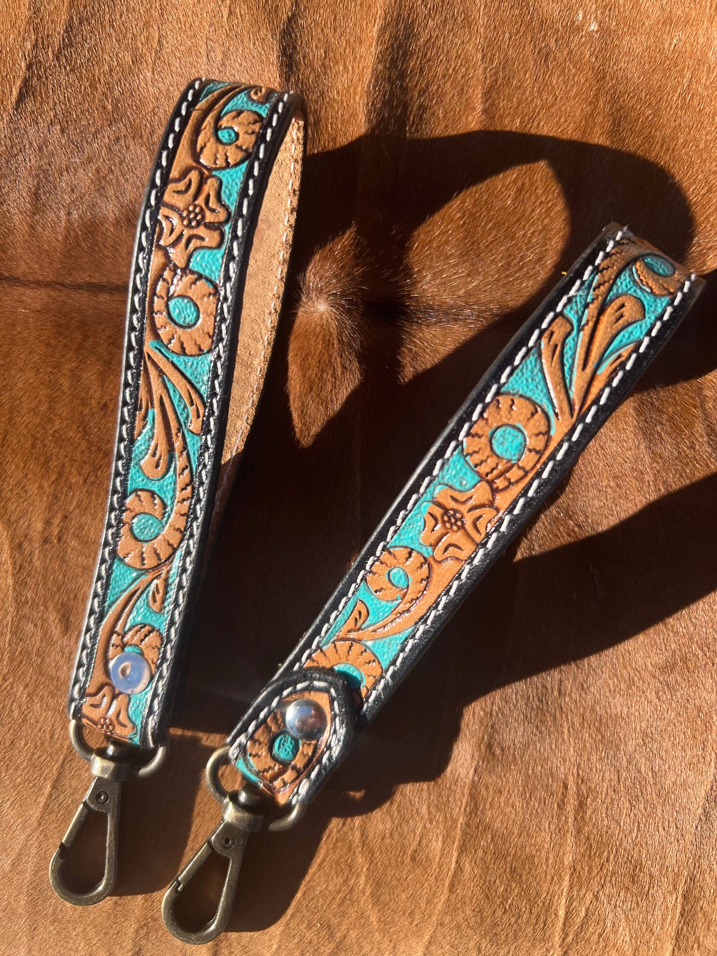 Equipage - Tooled Leather Western Wrist Strap Keychain - Turquoise Pain