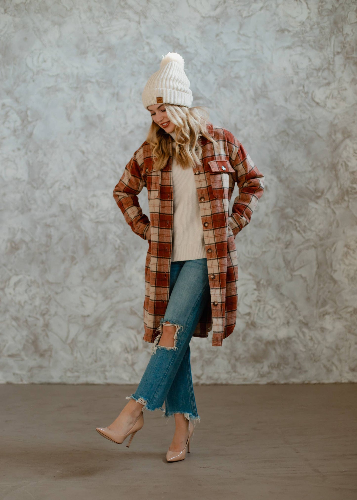 Rust, Cream & Brown Plaid Long Flannel