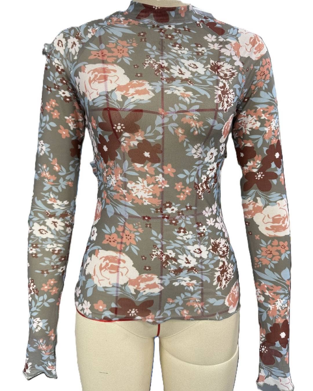 Rosa Clothing - Floral Print Mock Neck Sheer Mesh Top