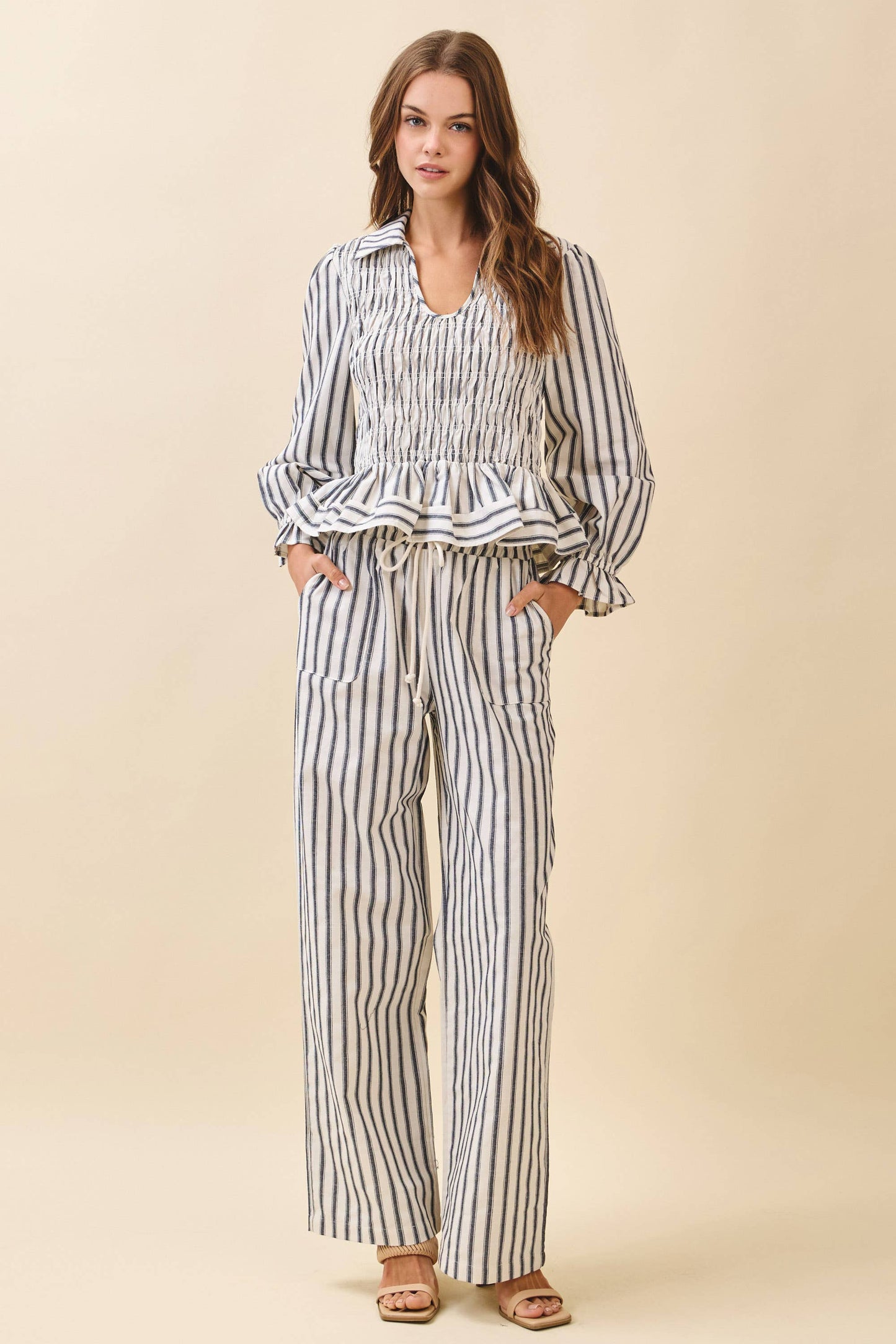 TCEC Vertical Stripes Drawstring Waist Wide Leg Pants