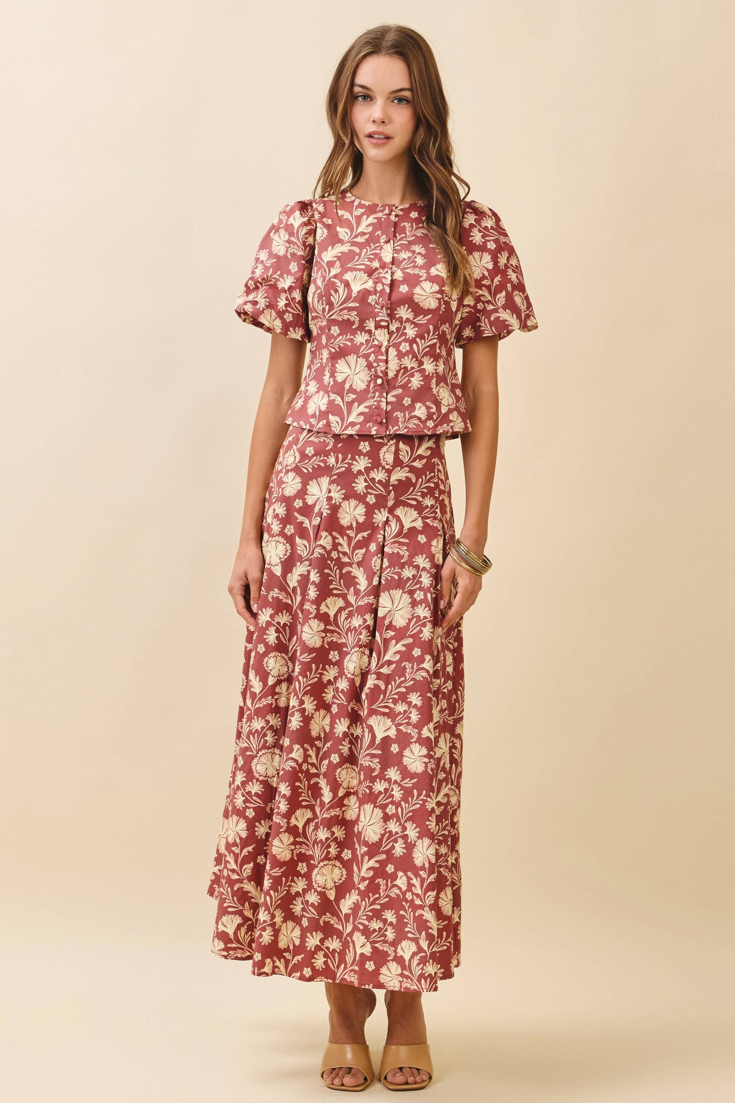 TCEC Floral Print Short Sleeve Button Down Top