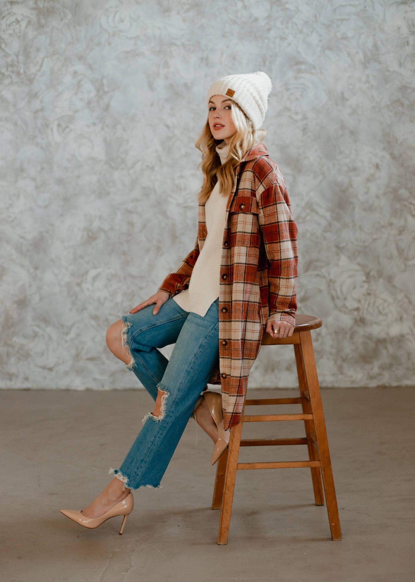 Rust, Cream & Brown Plaid Long Flannel