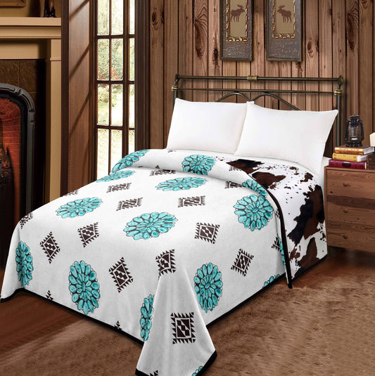 Western Linens - Stone - Cowprint Mia Reversible 2 Design Blanket   