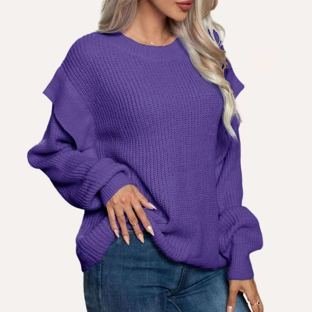 Classic Solid Round Neck Drop Shoulder Long Sleeve Sweater: Purple