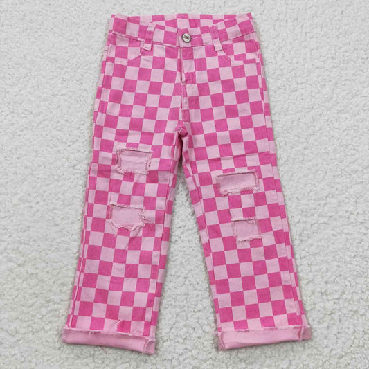 Girls Checkered Denim Adjustable Waistband Jean Pant